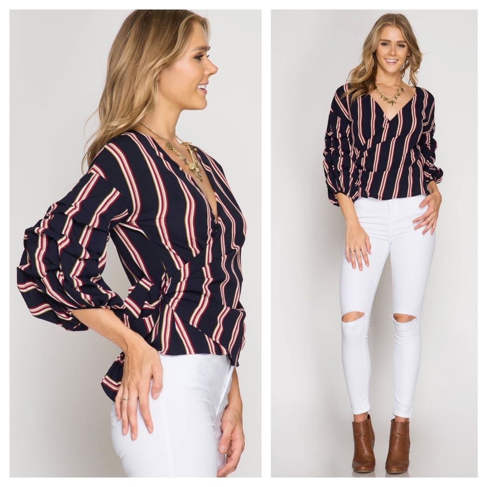 🦋MAKE AN OFFER!🦋Blue Red, White Stripe Top - Picture 3 of 3